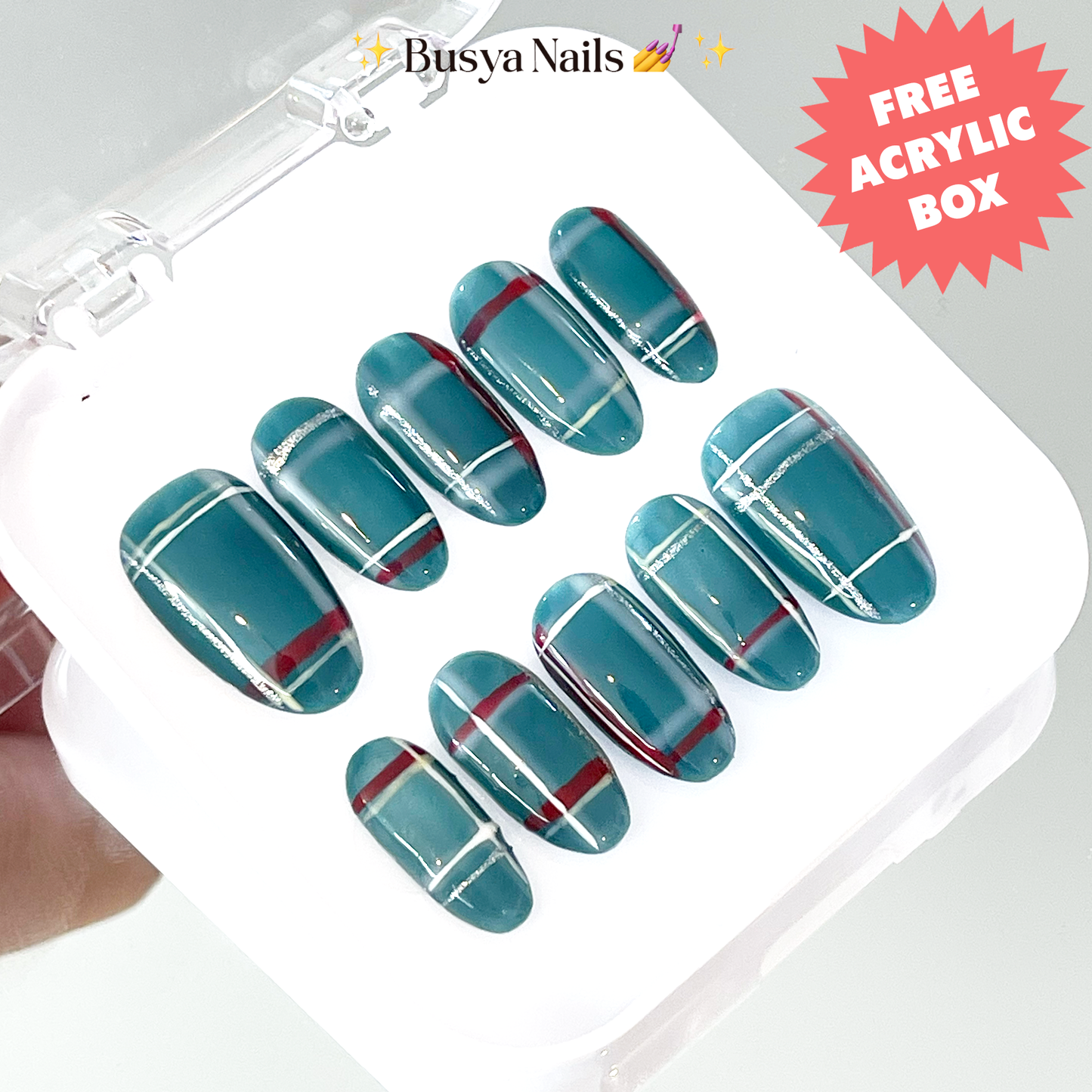 Busya Nails - Blue Cat Eye Plaid Flannel Holiday Pressed On Nails Kuku Palsu Free Toolkit