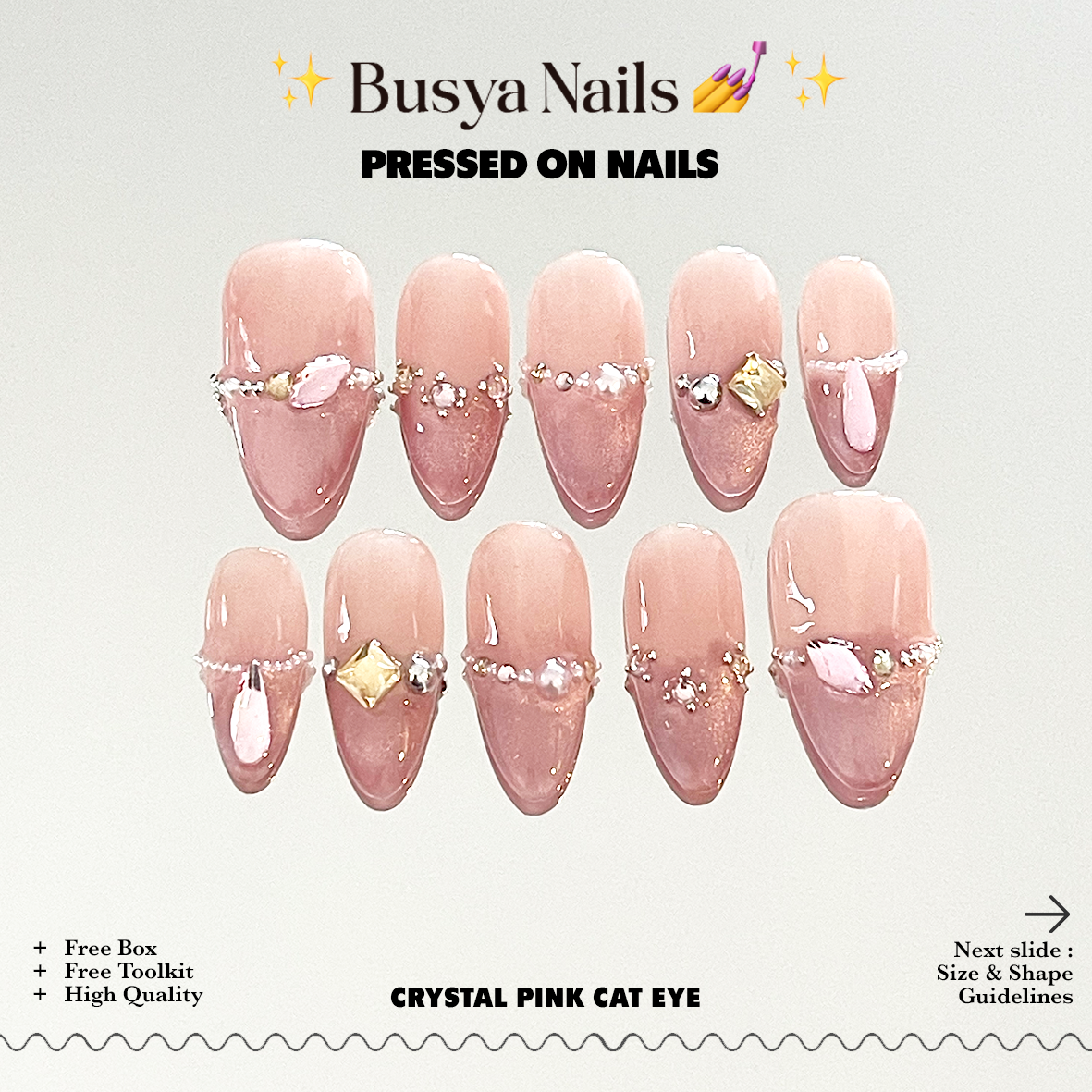 Busya Nails - Crystal Pink Cat Eye Pressed On Nails Kuku Palsu Free Tools