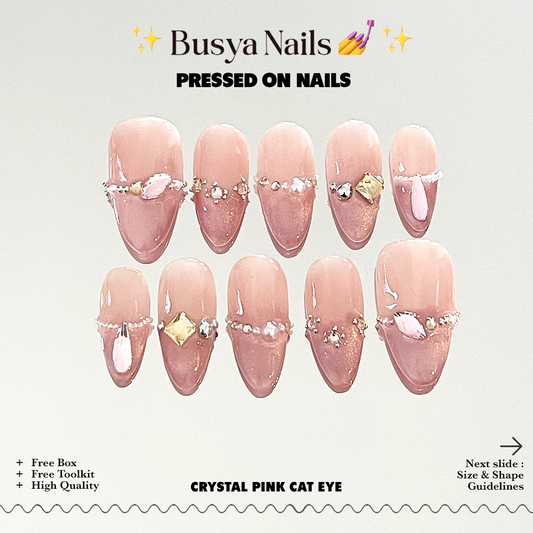Busya Nails - Crystal Pink Cat Eye Pressed On Nails Kuku Palsu Free Tools
