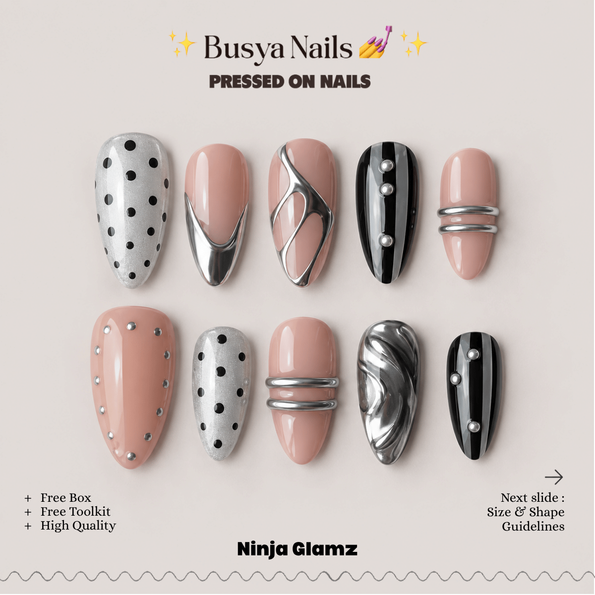 Busya Nails - Ninja Glamz Pressed On Nails Kuku Palsu Free Tools