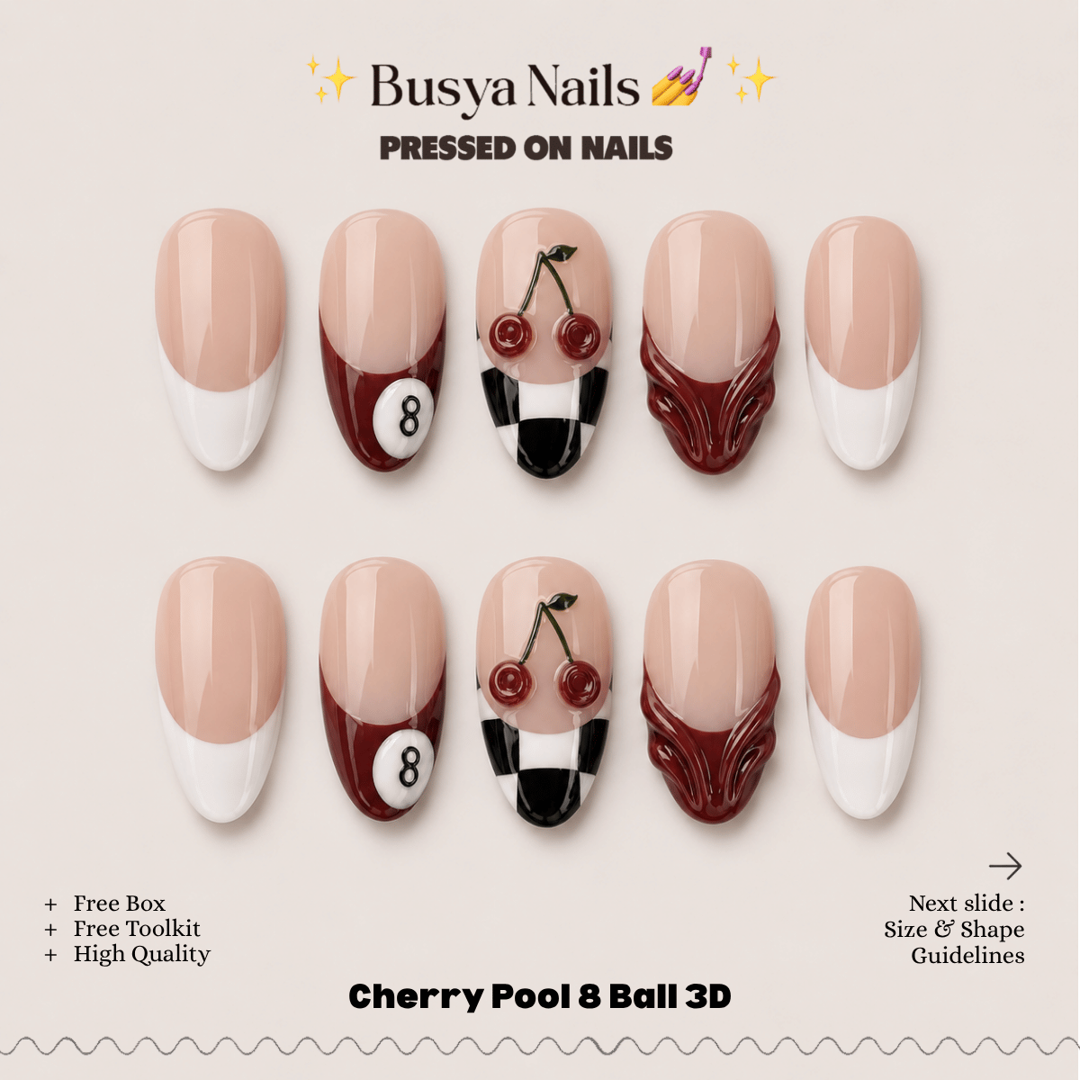Busya Nails - Cherry Pool 8 Ball 3D Pressed On Nails Kuku Palsu Free Tools