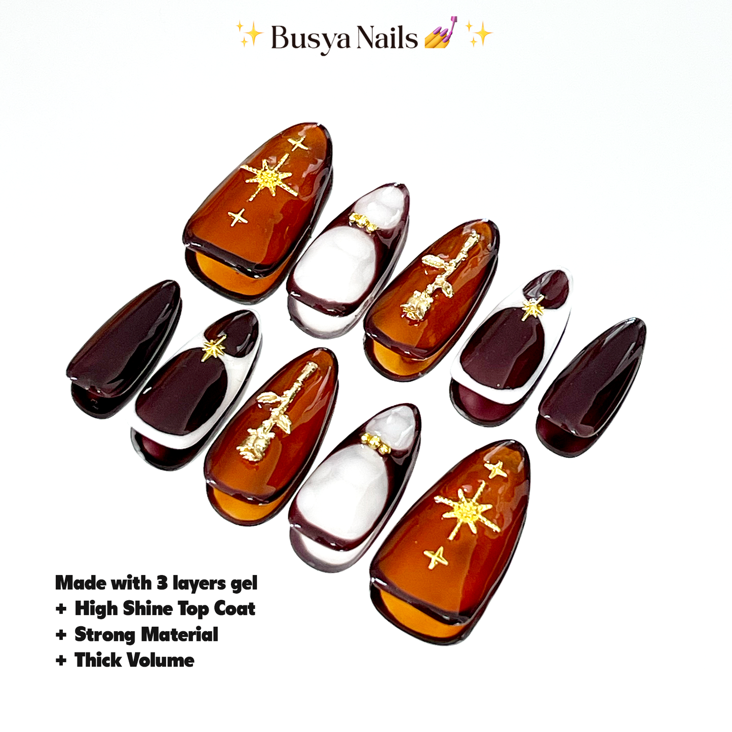 Busya Nails - Rosalia Y2K Tortoise Gold Rose Charm Pressed On Nails Gel Free Toolkit