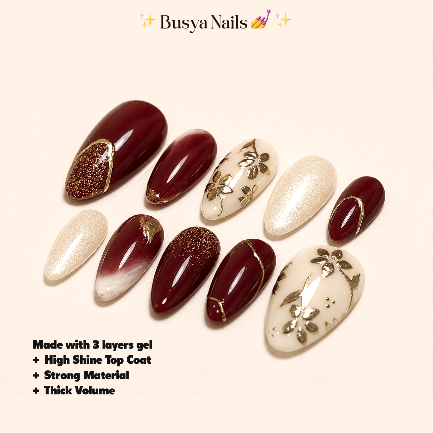 Busya Nails - Ikigai Dark Burgundy Pressed On Nails Kuku Palsu Free Tools