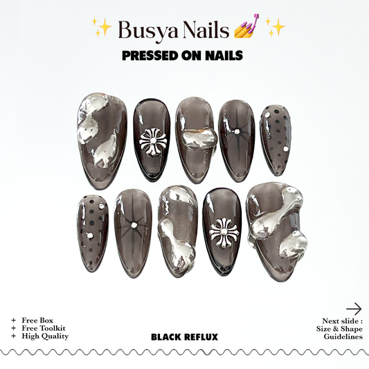 Busya Nails - Black Reflux Liquid Flow Chrome Nails Pressed On Nails Kuku Palsu Free Tools