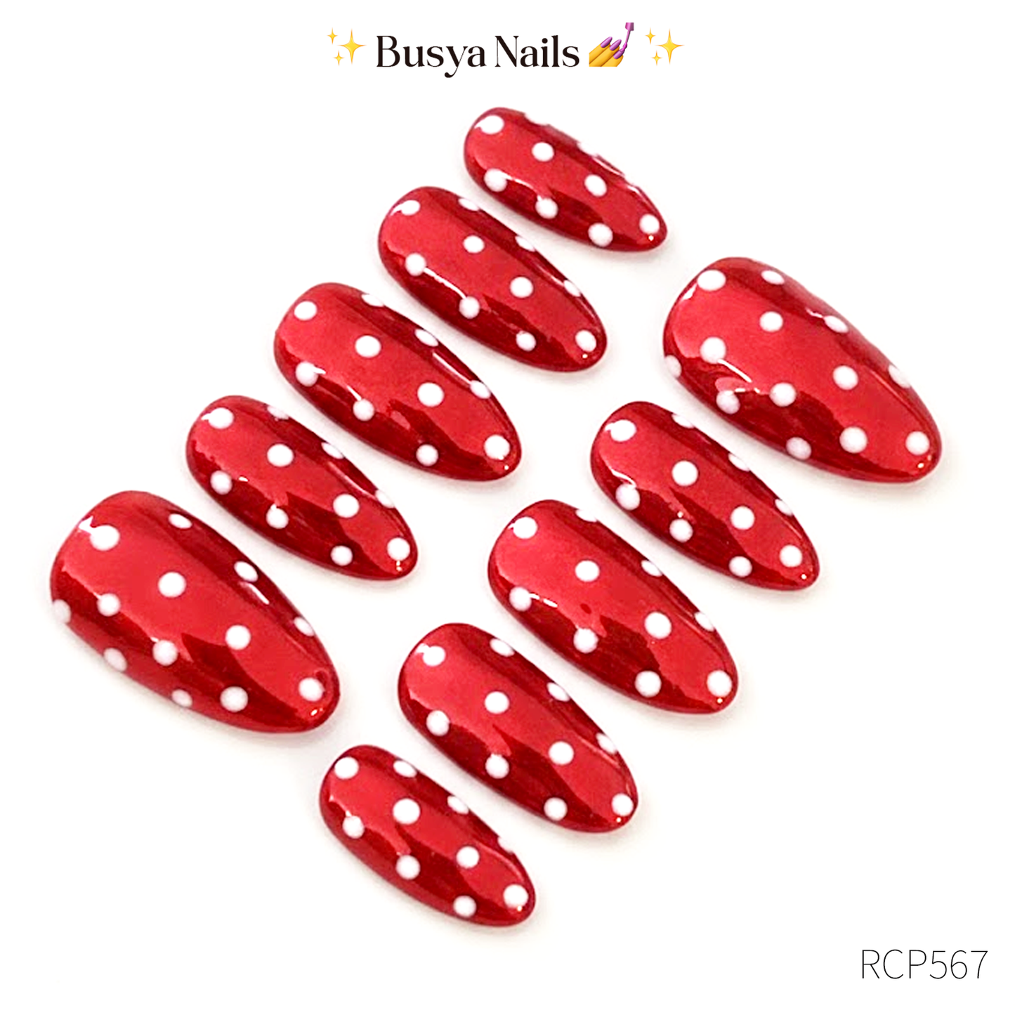 Busya Nails - Red Chrome Polka Dots Pressed On Nails Kuku Palsu Free Lem Tools
