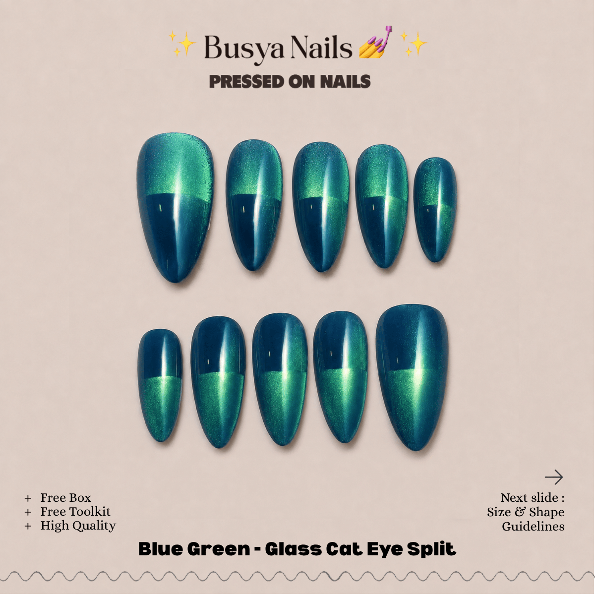 Busya Nails - Blue Green - Glass Cat Eye Split Pressed On Nails Kuku Palsu Free Tools