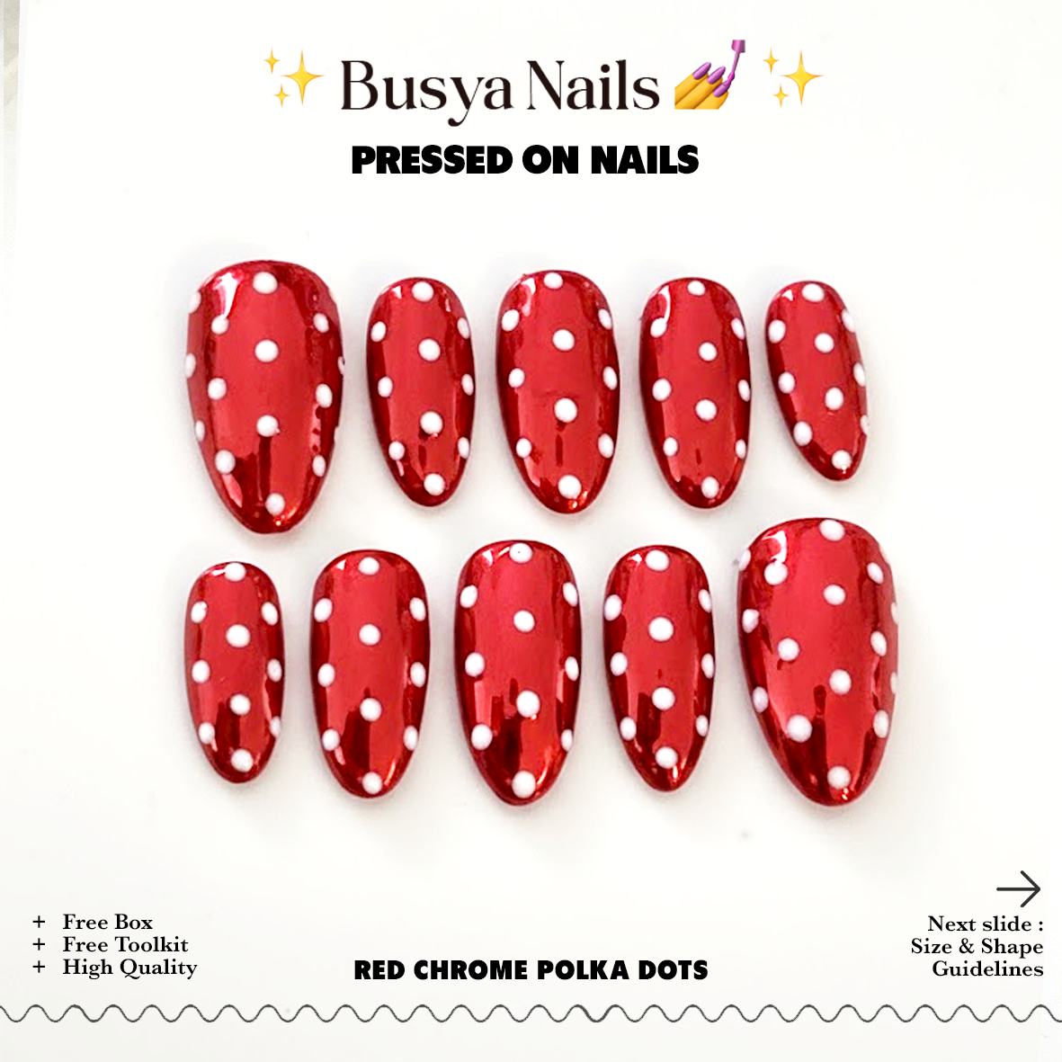 Busya Nails - Red Chrome Polka Dots Pressed On Nails Kuku Palsu Free Lem Tools