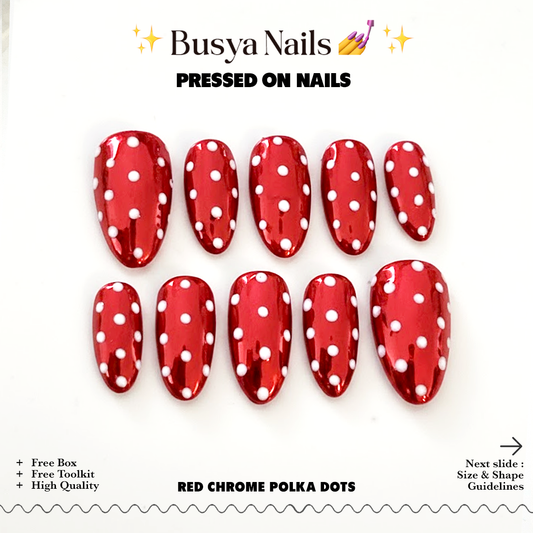 Busya Nails - Red Chrome Polka Dots Pressed On Nails Kuku Palsu Free Lem Tools