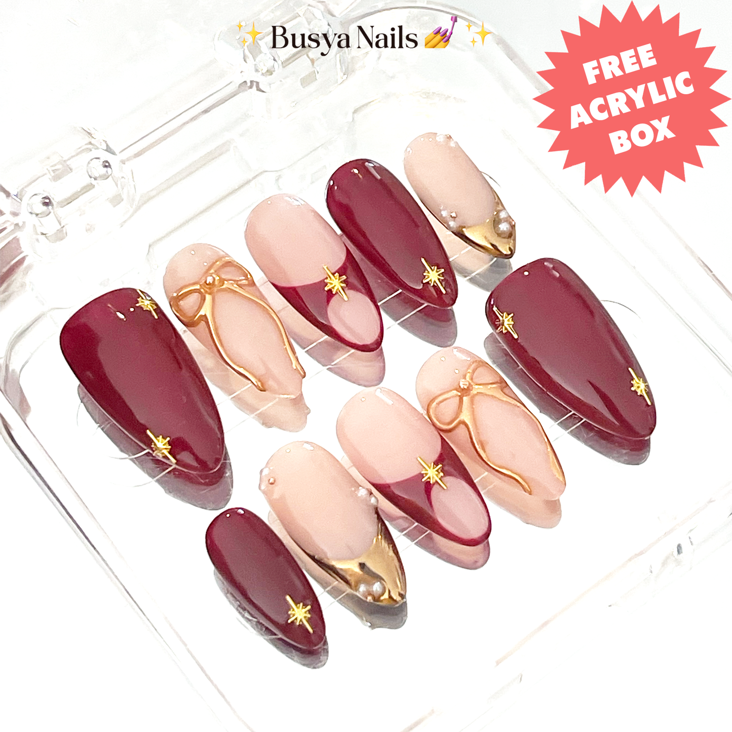 Busya Nails - Burgundy Coquette Sparkles Pressed On Nails Kuku Palsu Free Tools