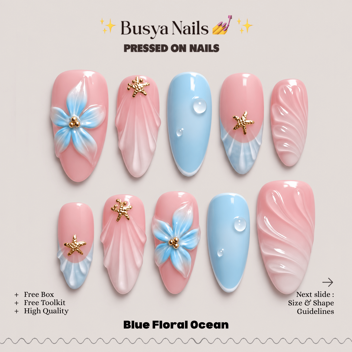 Busya Nails - Blue Floral Ocean  Pressed On Nails Kuku Palsu Free Tools