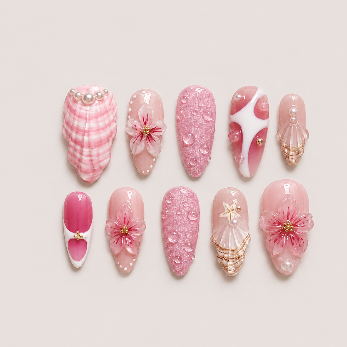 Salin Busya Nails - Pink Beach Summer 3D Pressed On Nails Kuku Palsu Free Tools