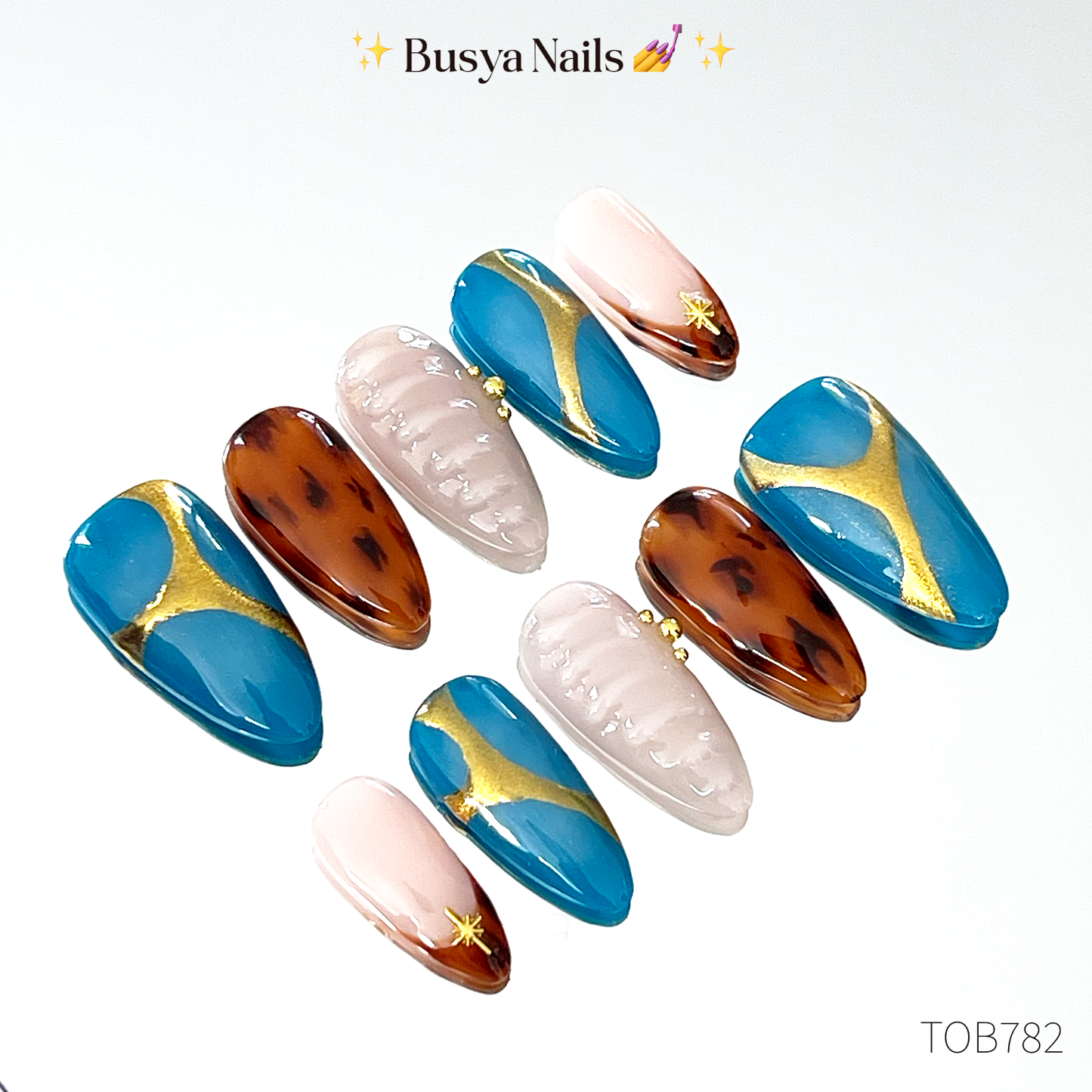 Busya Nails - Tortoise Bay Y2K Blue Nude Gold Pressed On Nails Gel Free Toolkit Kuku Palsu