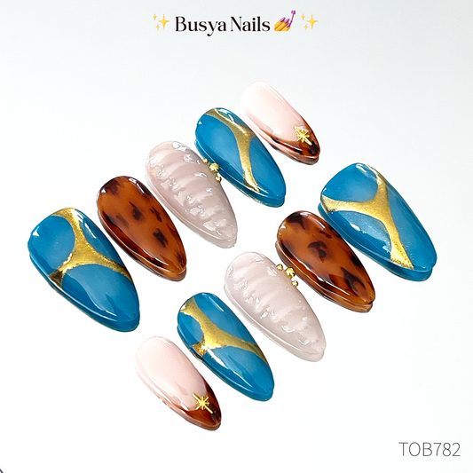 Busya Nails - Tortoise Bay Y2K Blue Nude Gold Pressed On Nails Gel Free Toolkit Kuku Palsu