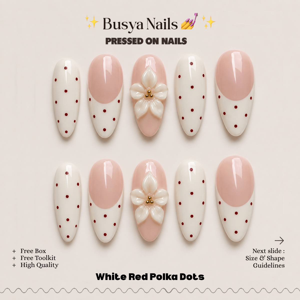 Busya Nails - White Red Polka Dots Pressed On Nails Kuku Palsu Free Tools
