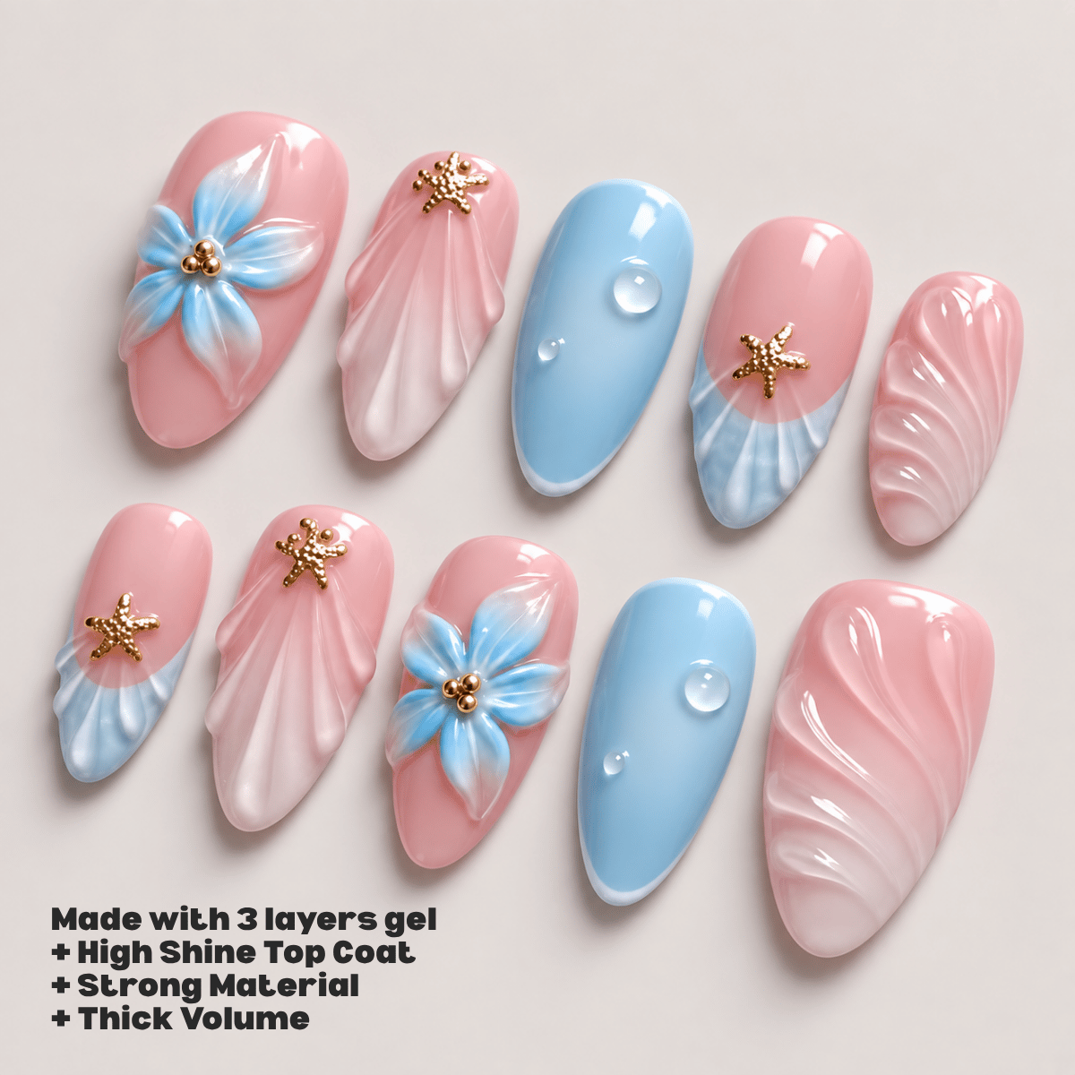 Busya Nails - Blue Floral Ocean  Pressed On Nails Kuku Palsu Free Tools