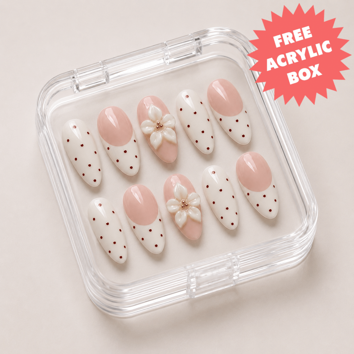 Busya Nails - White Red Polka Dots Pressed On Nails Kuku Palsu Free Tools