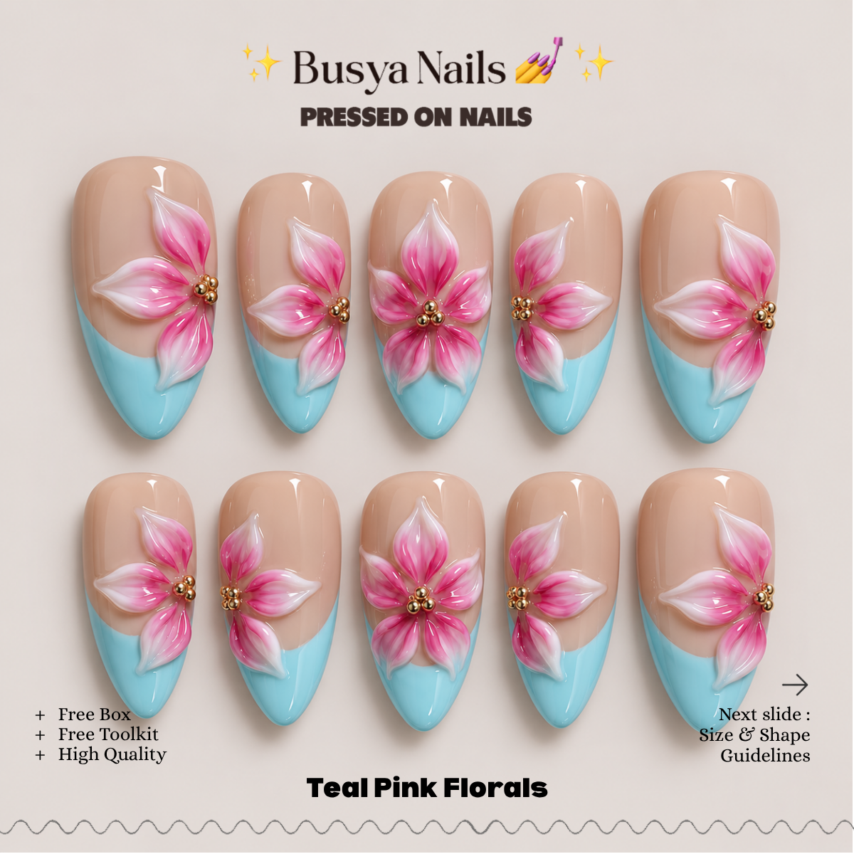 Busya Nails - Teal Pink Florals Pressed On Nails Kuku Palsu Free Tools