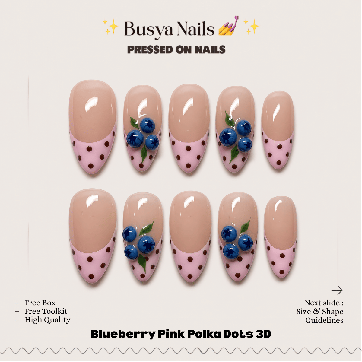 Busya Nails - Blueberry Pink Polka Dots 3D Pressed On Nails Kuku Palsu Free Tools