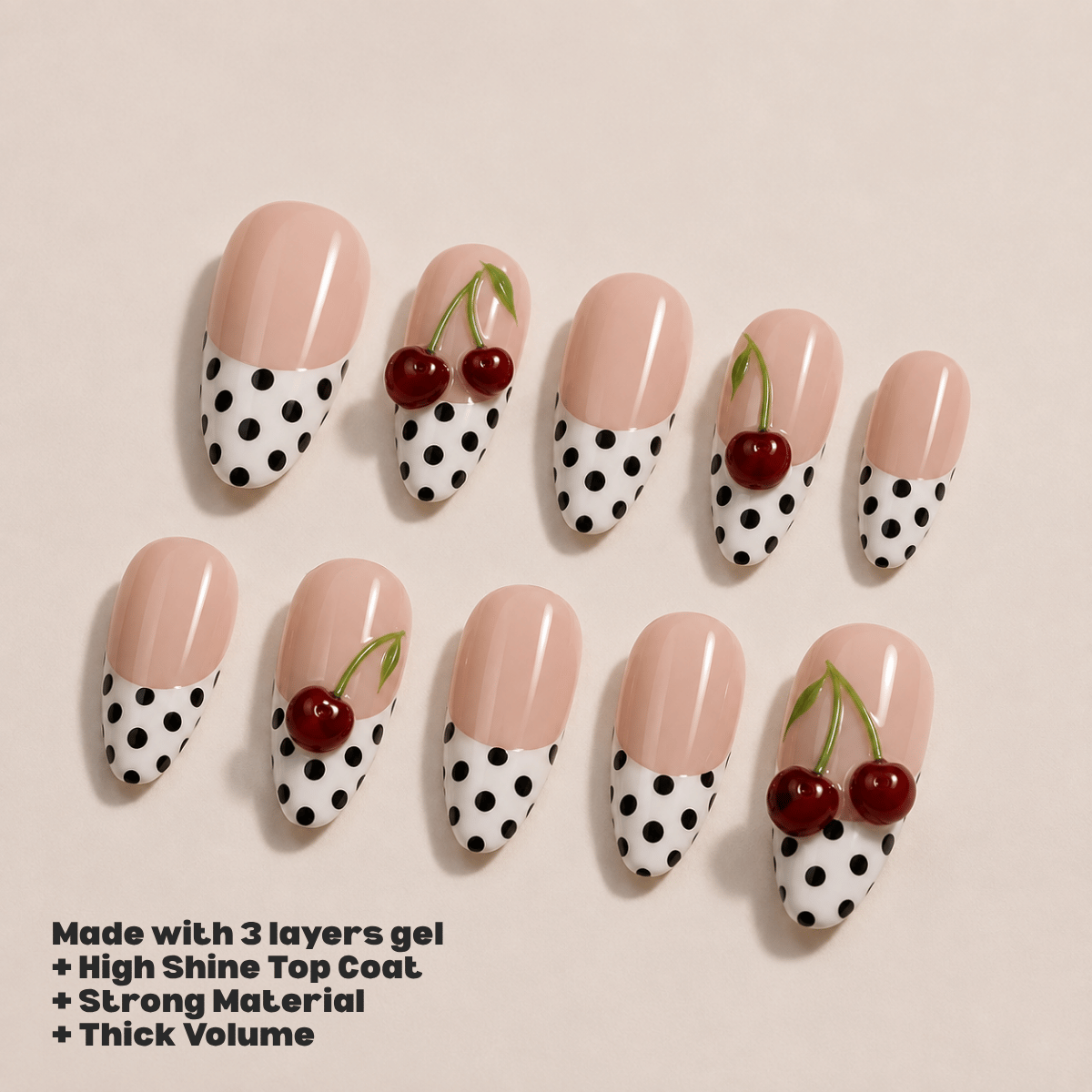 Busya Nails - Red Cherry Polka Dots 3D Pressed On Nails Kuku Palsu Free Tools