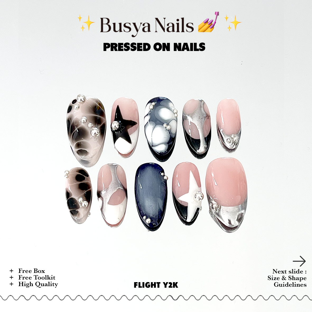 Busya Nails - Flight Y2K Metal Pressed On Nails Gel Free Toolkit Kuku Palsu