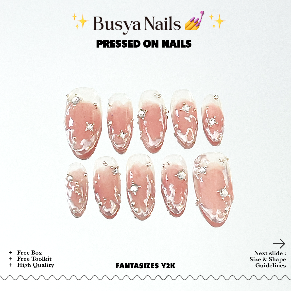 Busya Nails - Fantasize Y2K Liquid Crystal Pink Orange Pressed On Nails Kuku Palsu Free Tools