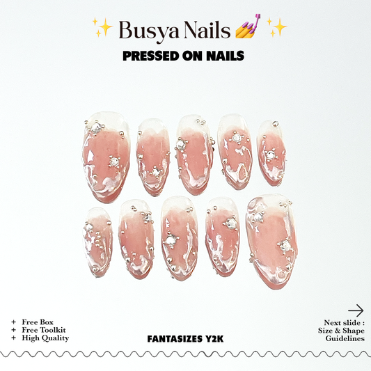 Busya Nails - Fantasize Y2K Liquid Crystal Pink Orange Pressed On Nails Kuku Palsu Free Tools