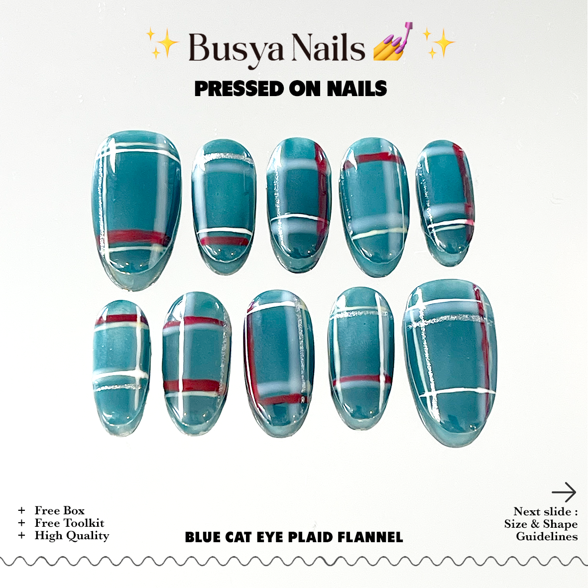 Busya Nails - Blue Cat Eye Plaid Flannel Holiday Pressed On Nails Kuku Palsu Free Toolkit