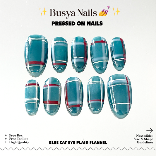 Busya Nails - Blue Cat Eye Plaid Flannel Holiday Pressed On Nails Kuku Palsu Free Toolkit