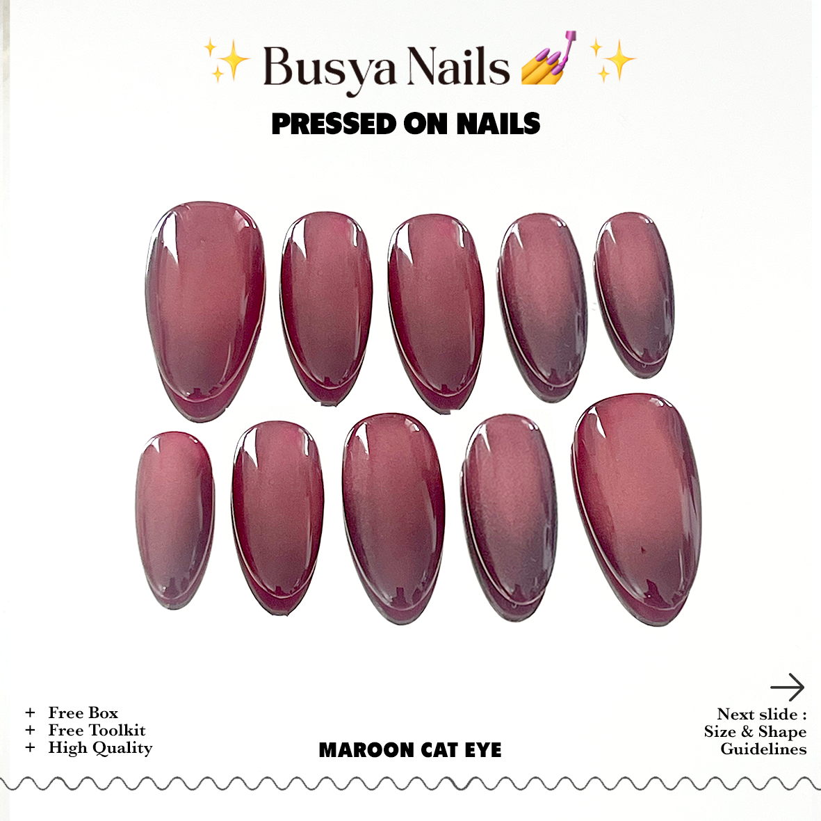 Busya Nails - Maroon Cat Eye W3 Pressed On Nails Kuku Palsu Free Lem Tools