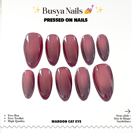 Busya Nails - Maroon Cat Eye W3 Pressed On Nails Kuku Palsu Free Lem Tools
