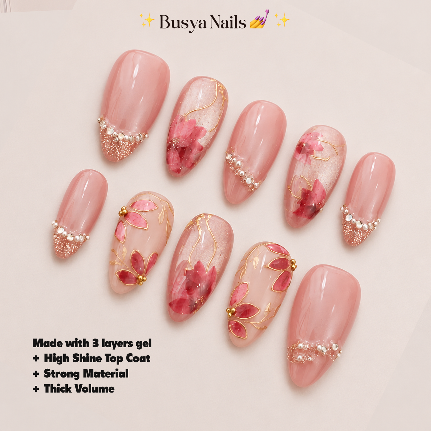 Busya Nails - Pink Wedding Red Flower Pressed On Nails Kuku Palsu Free Tools