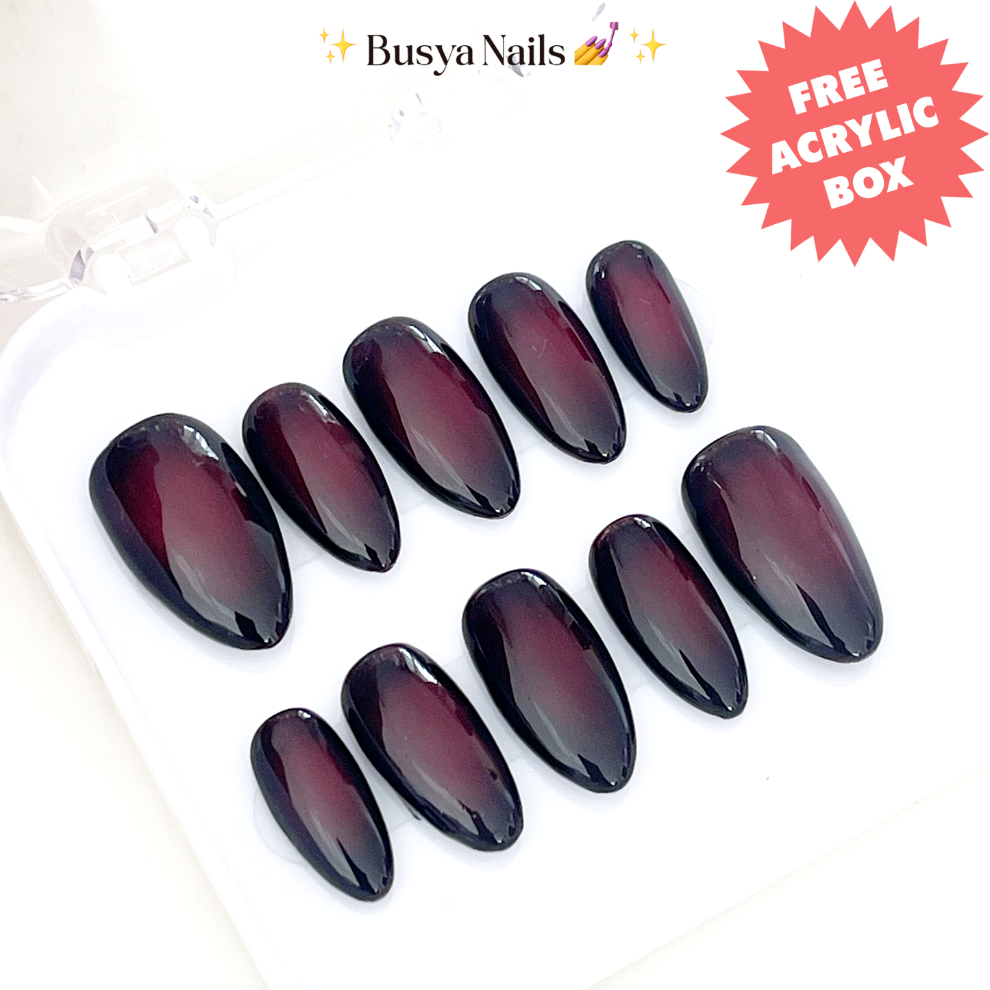 Busya Nails - Deep Red Ombre Vampire Pressed On Nails Kuku Palsu Free Lem Tools