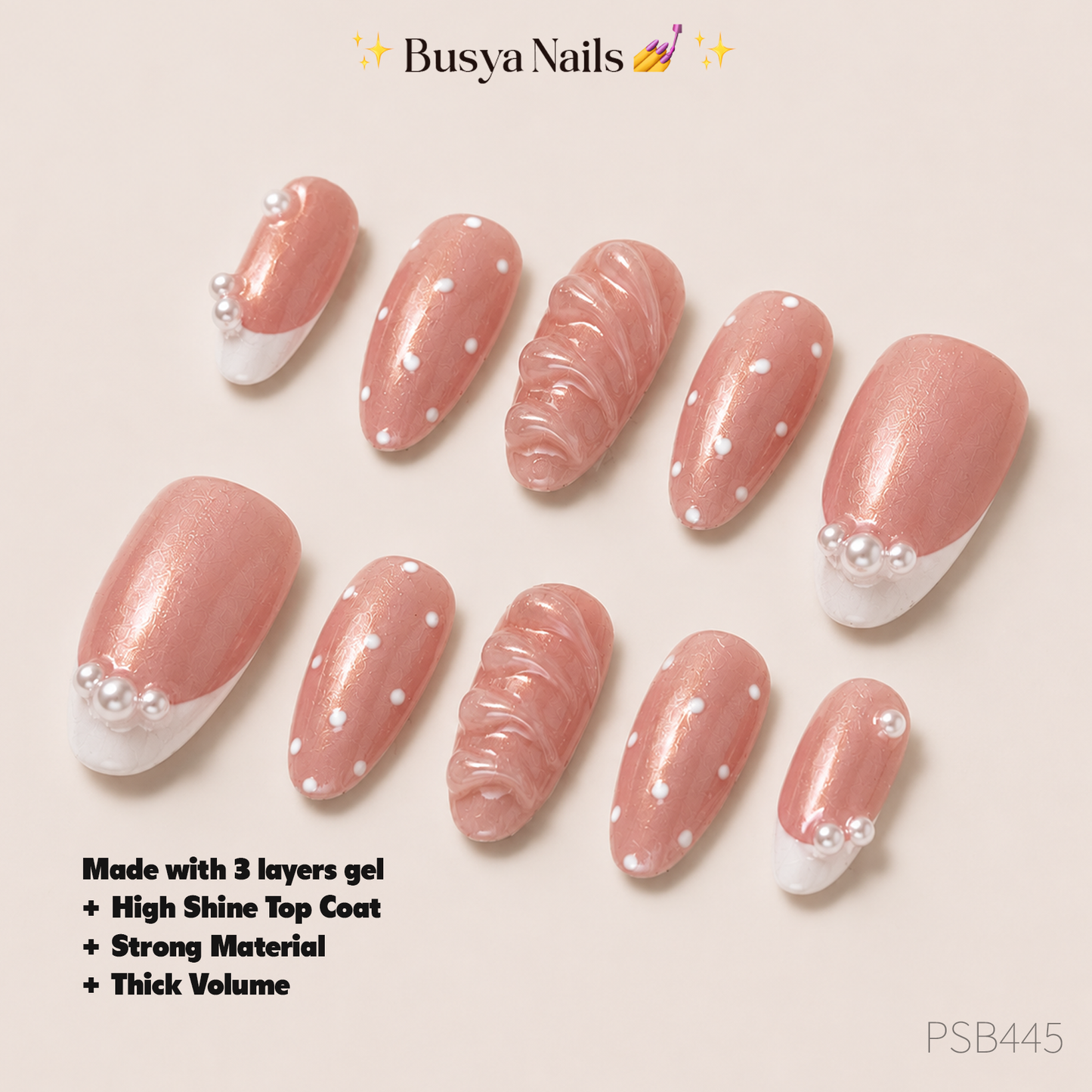 Busya Nails - Pearl Shell Polka Dots Pressed On Nails Kuku Palsu Free Tools