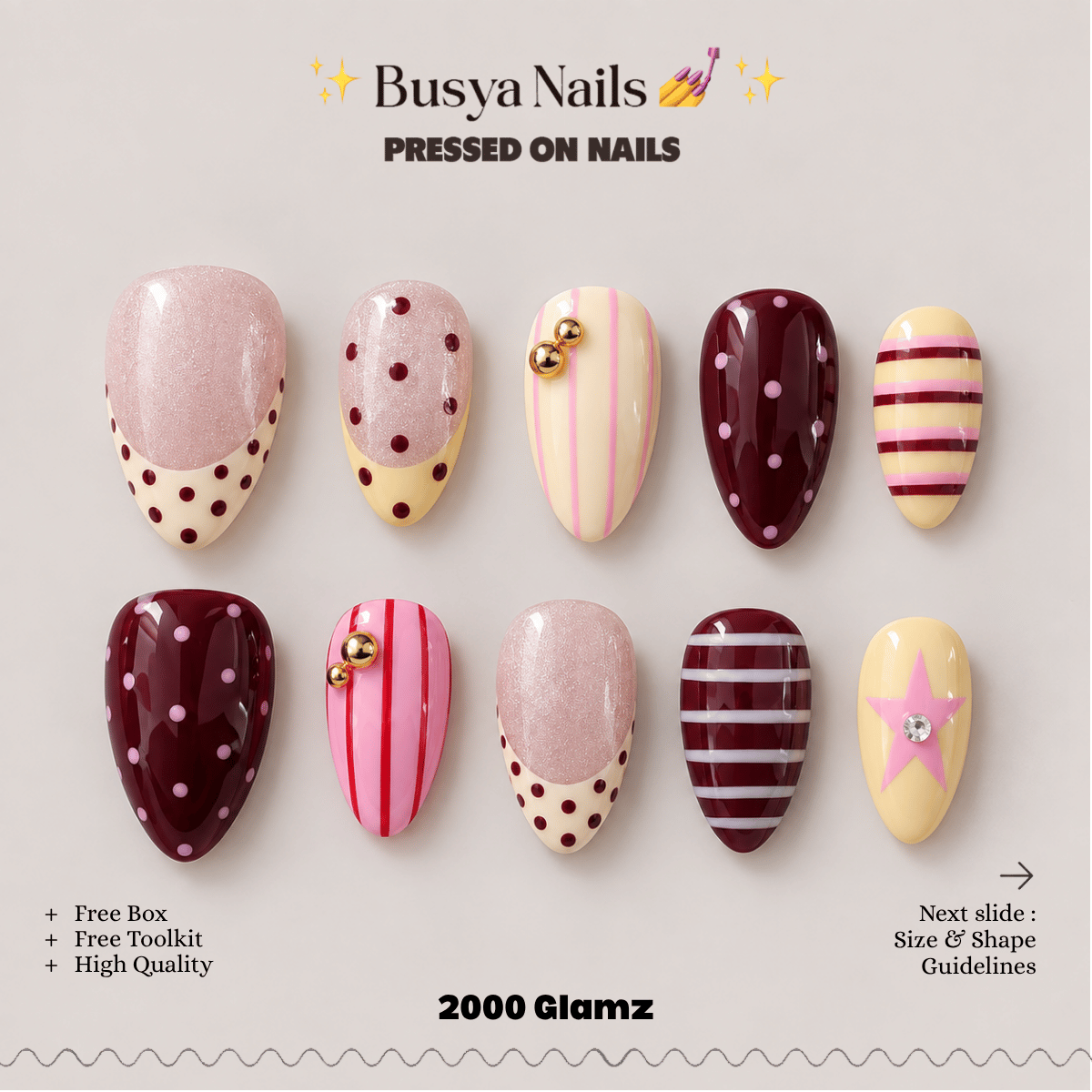 Busya Nails - 2000 Glamz Pressed On Nails Kuku Palsu Free Tools