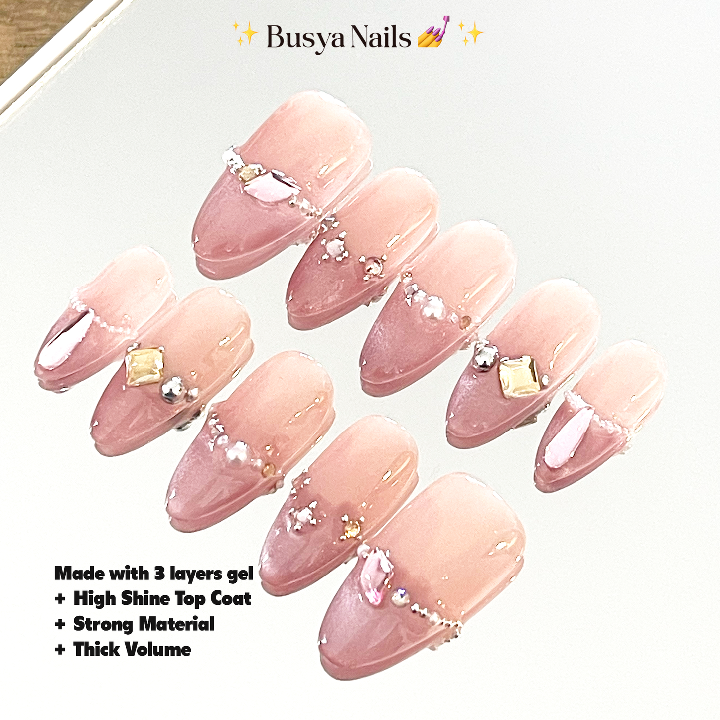 Busya Nails - Crystal Pink Cat Eye Pressed On Nails Kuku Palsu Free Tools