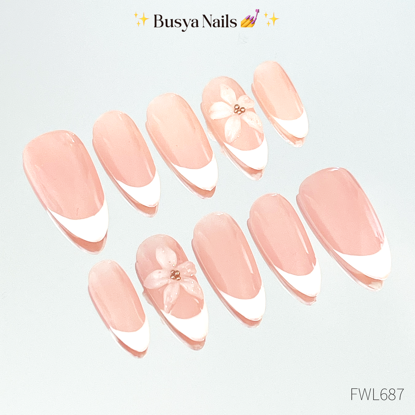 Busya Nails - 3D French White Lily 2 Pressed On Nails Kuku Palsu Free Tools