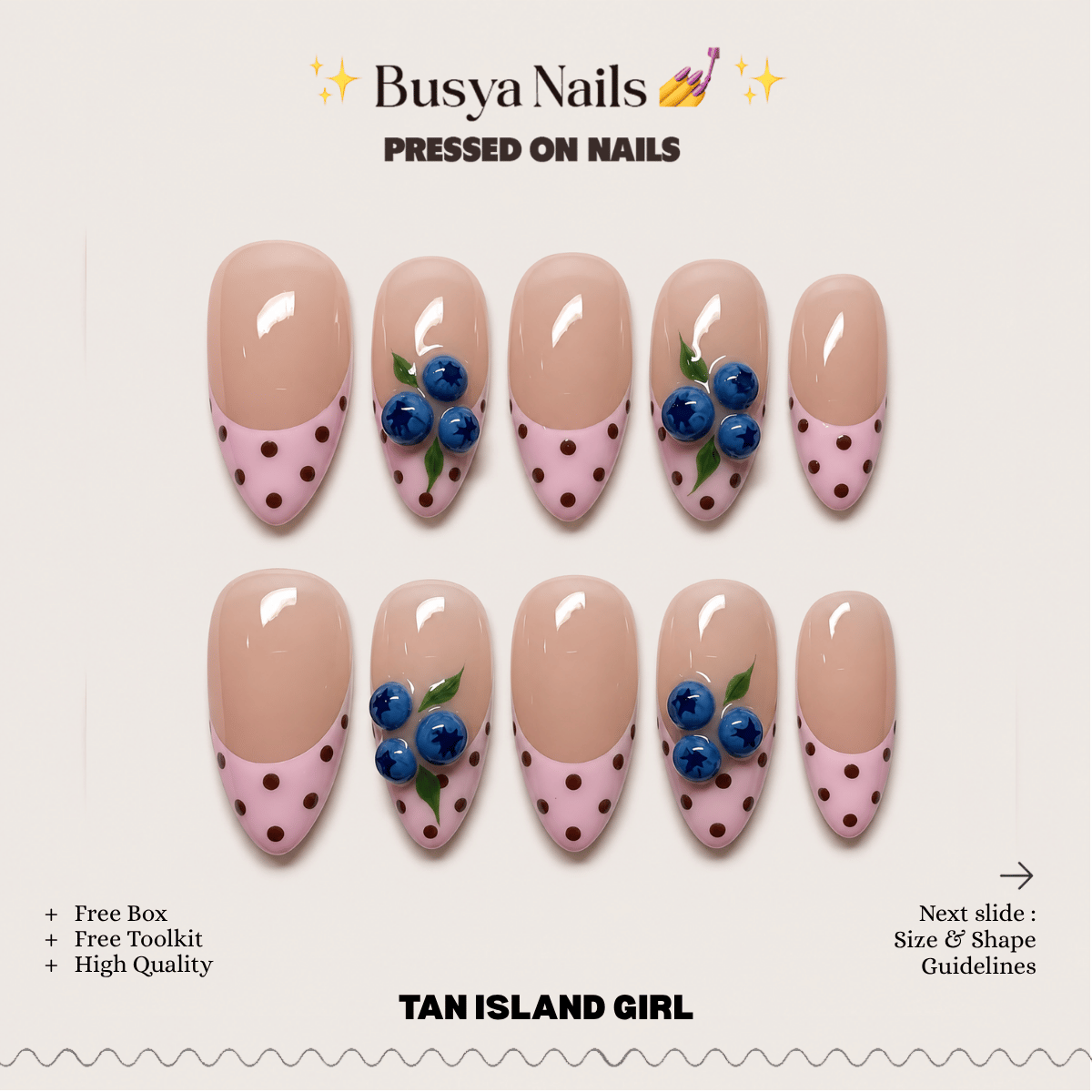 Busya Nails - Blueberry Pink Polka Dots 3D Pressed On Nails Kuku Palsu Free Tools