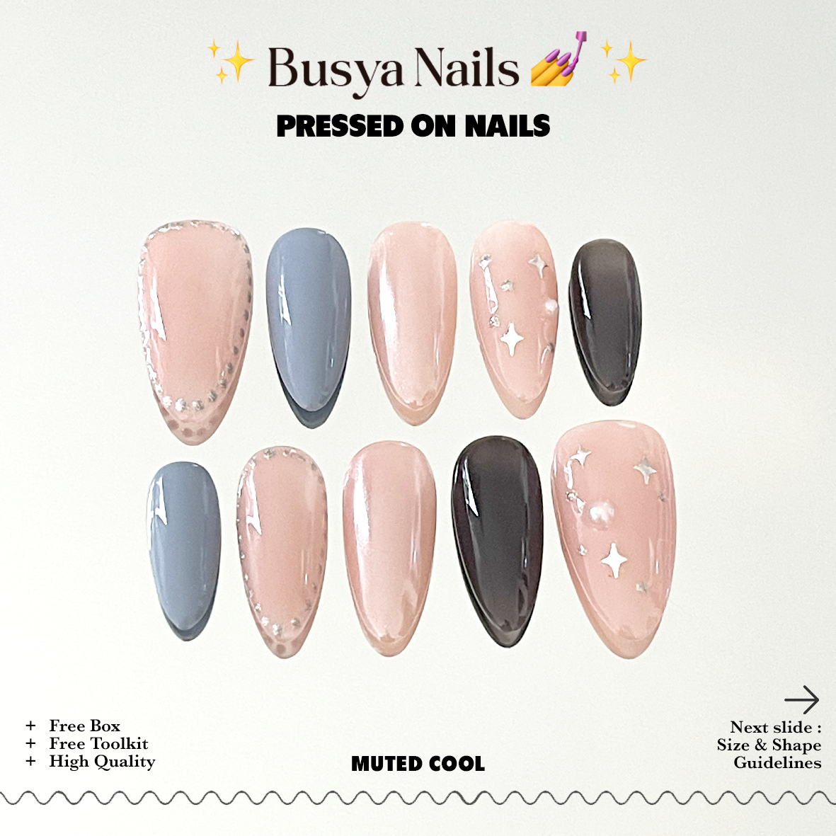 Busya Nails - Muted Cool Pressed On Nails Kuku Palsu Free Tools