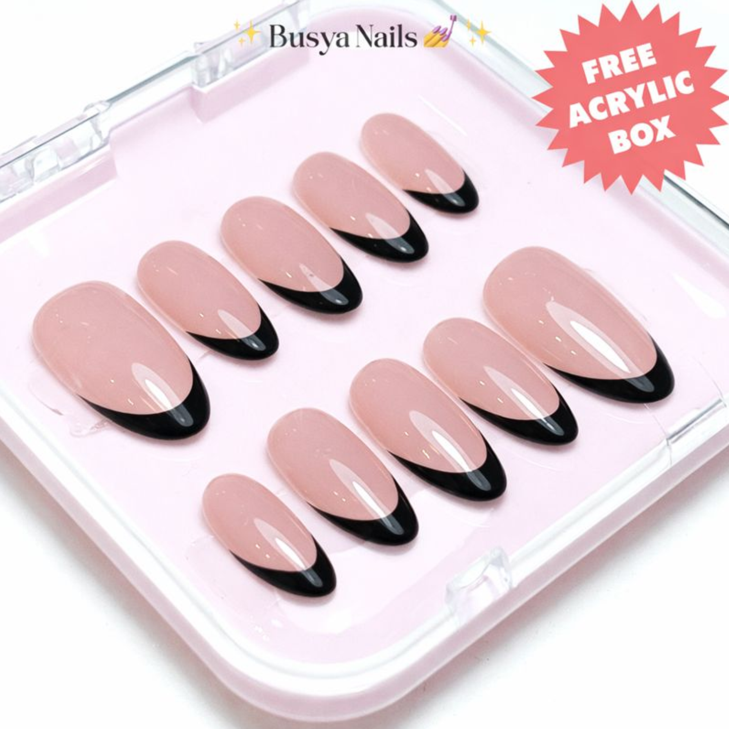 Busya Nails - French Black Gel Nail Art Kuku Palsu Pressed On Nails Gel Free Toolkit