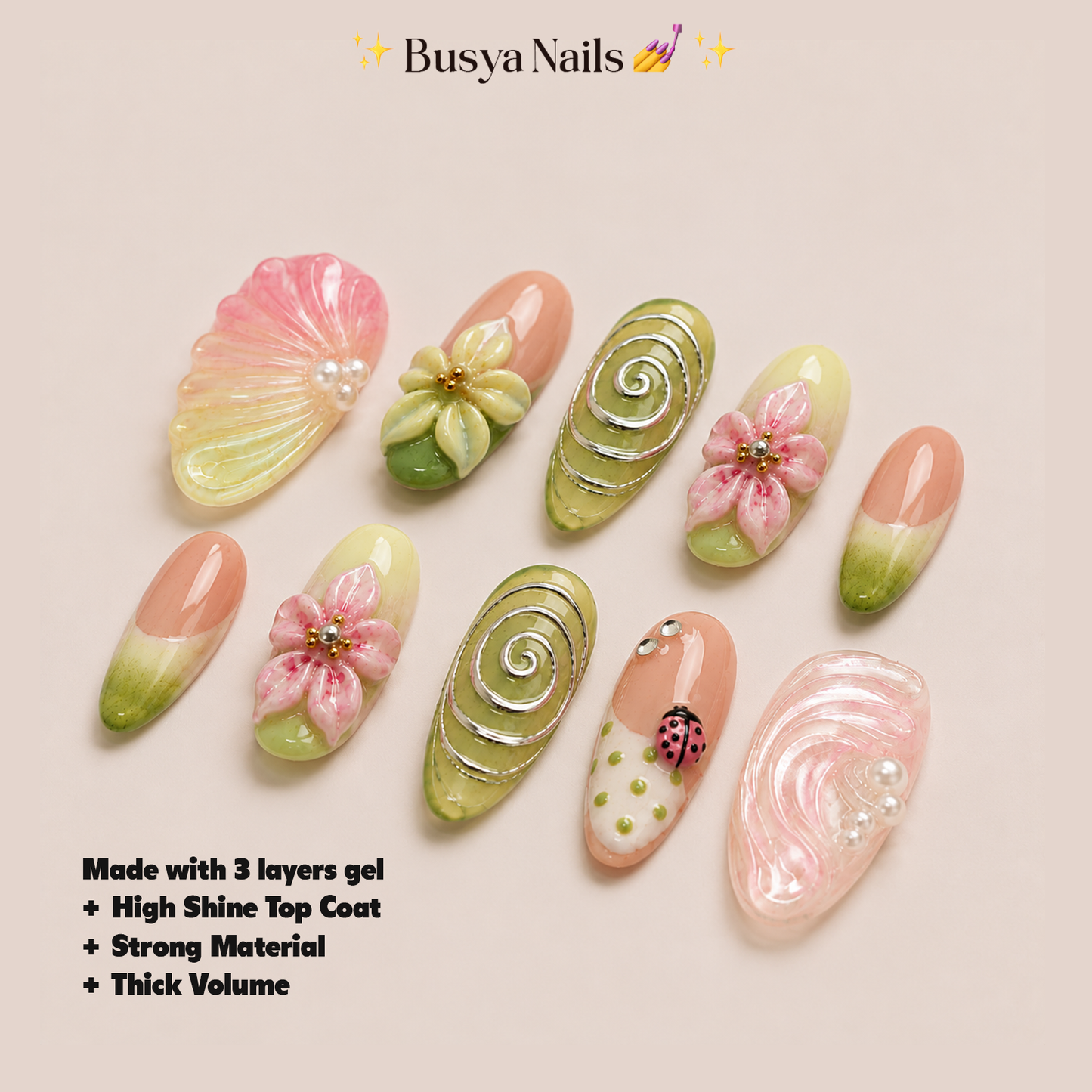 Busya Nails - Strawberry Matcha Beach Summer Pressed On Nails Kuku Palsu Free Tools