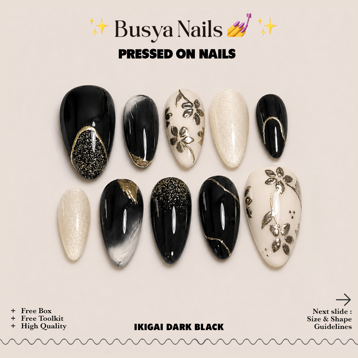 Busya Nails - Ikigai Dark Black Pressed On Nails Kuku Palsu Free Tools