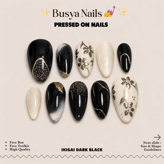 Busya Nails - Ikigai Dark Black Pressed On Nails Kuku Palsu Free Tools