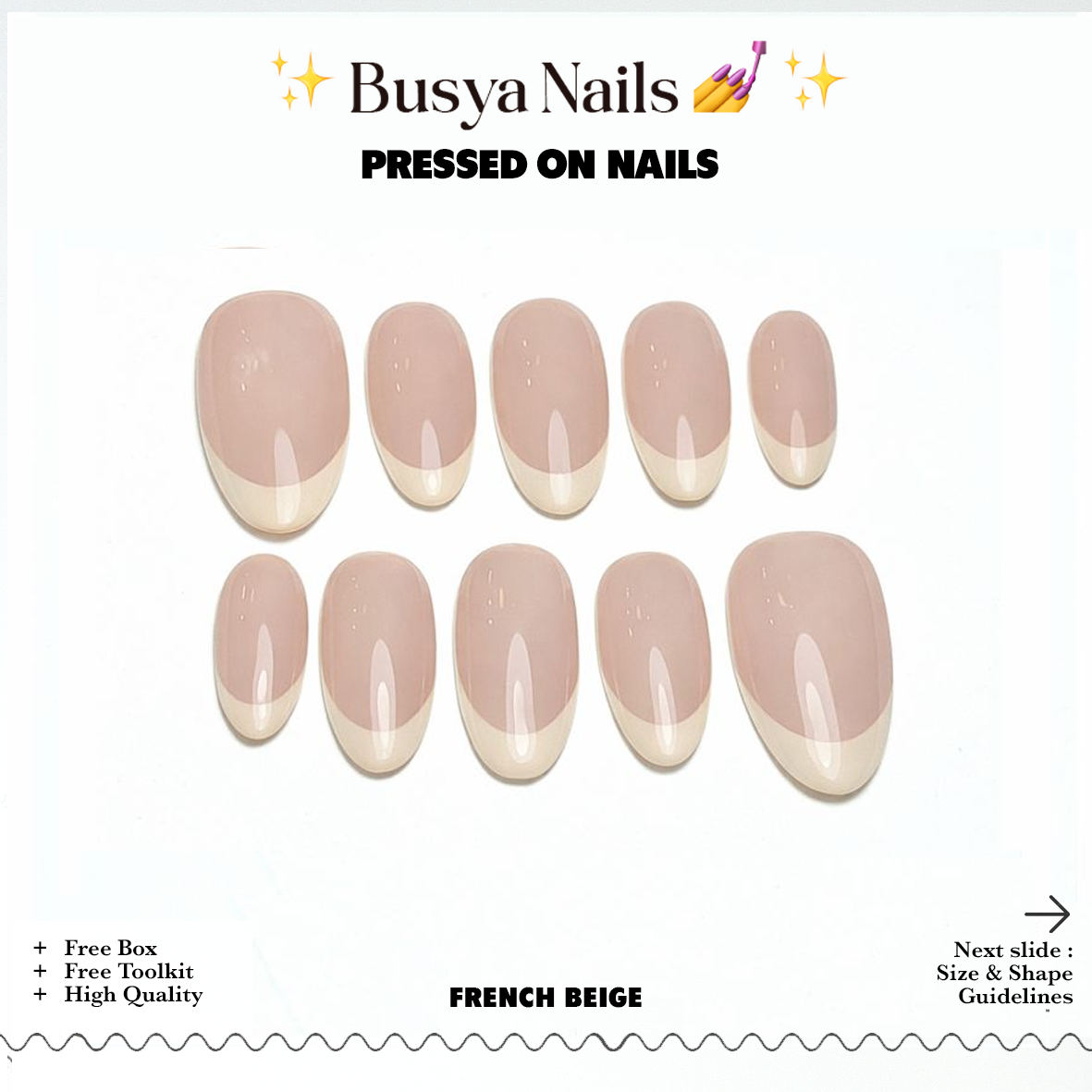 Busya Nails - French Beige Gel Nail Art Kuku Palsu Pressed On Nails Gel Free Toolkit