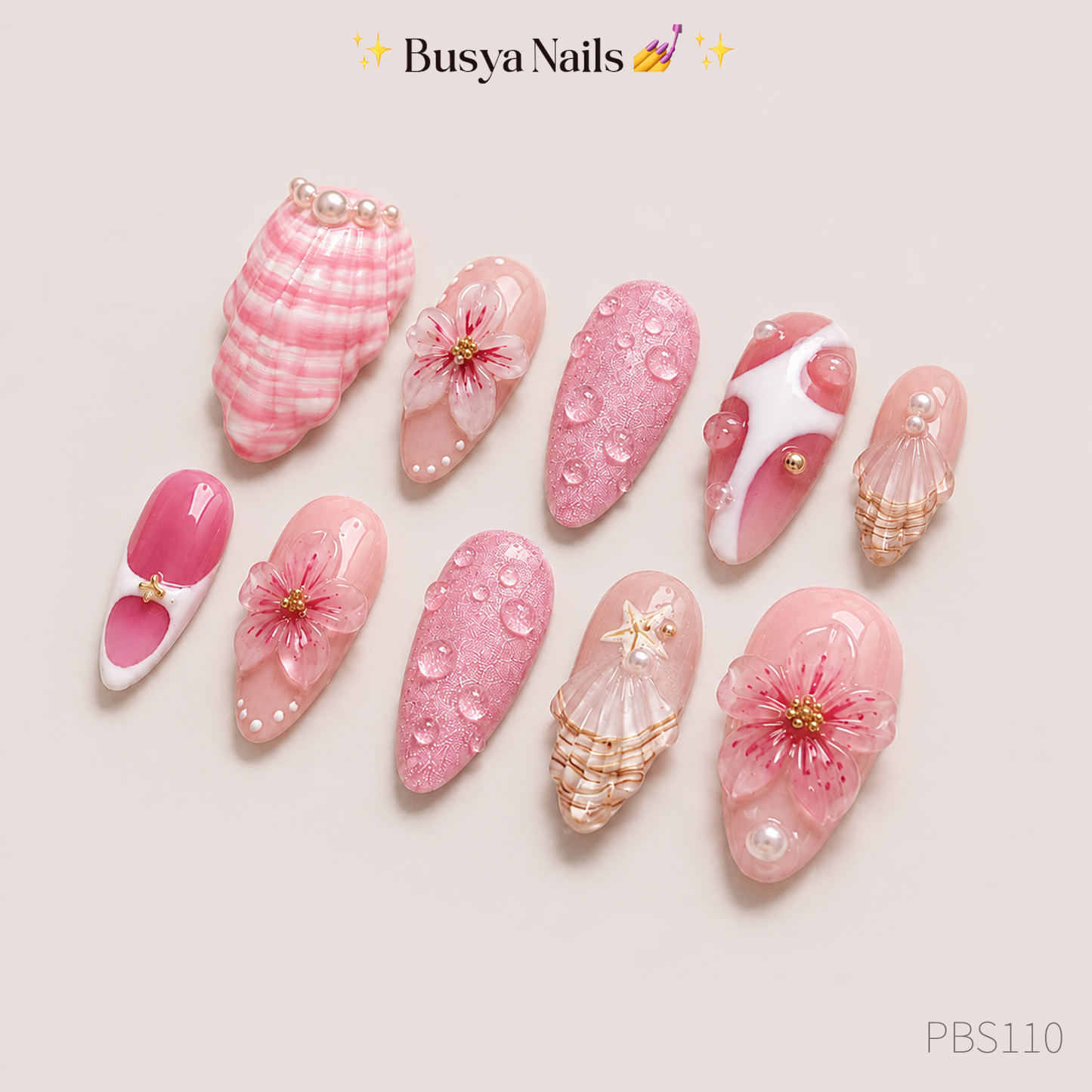 Salin Busya Nails - Pink Beach Summer 3D Pressed On Nails Kuku Palsu Free Tools