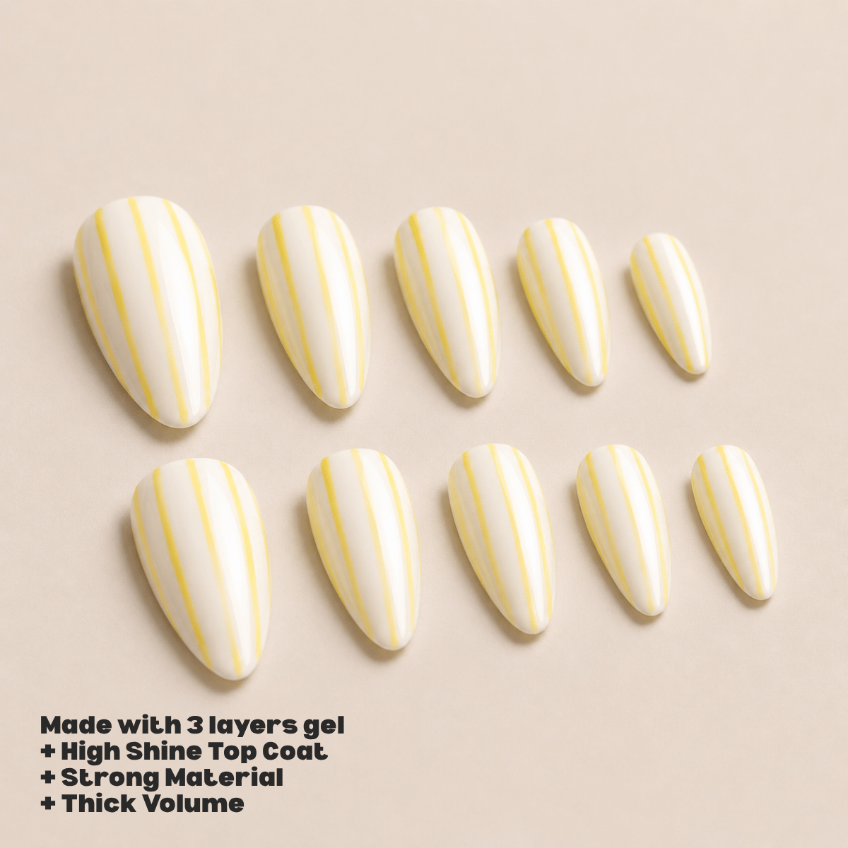 Busya Nails - White Butter Sripes  Pressed On Nails Kuku Palsu Free Tools