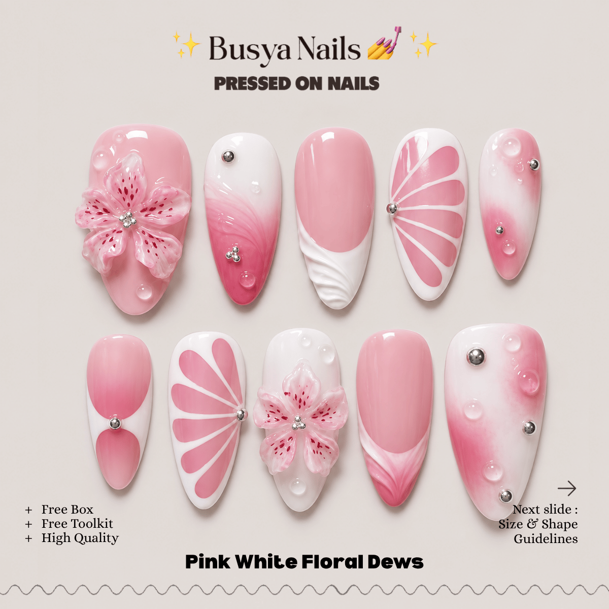 Busya Nails - Pink White Floral Dews  Pressed On Nails Kuku Palsu Free Tools