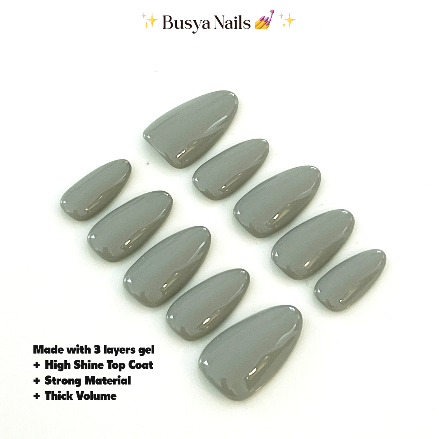 Busya Nails - Fog 68 Gray Pressed On Nails Kuku Palsu Free Lem Tools