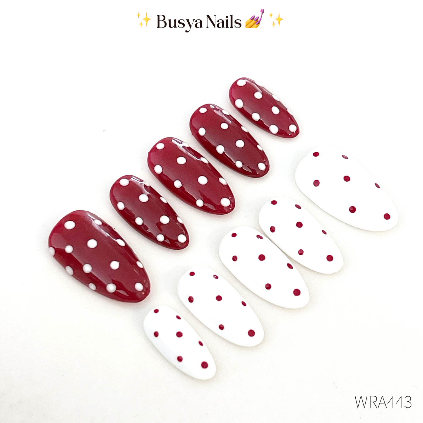 Busya Nails - White Maroon Alter Polka Dots Pressed On Nails Gel Free Toolkit Kuku Palsu