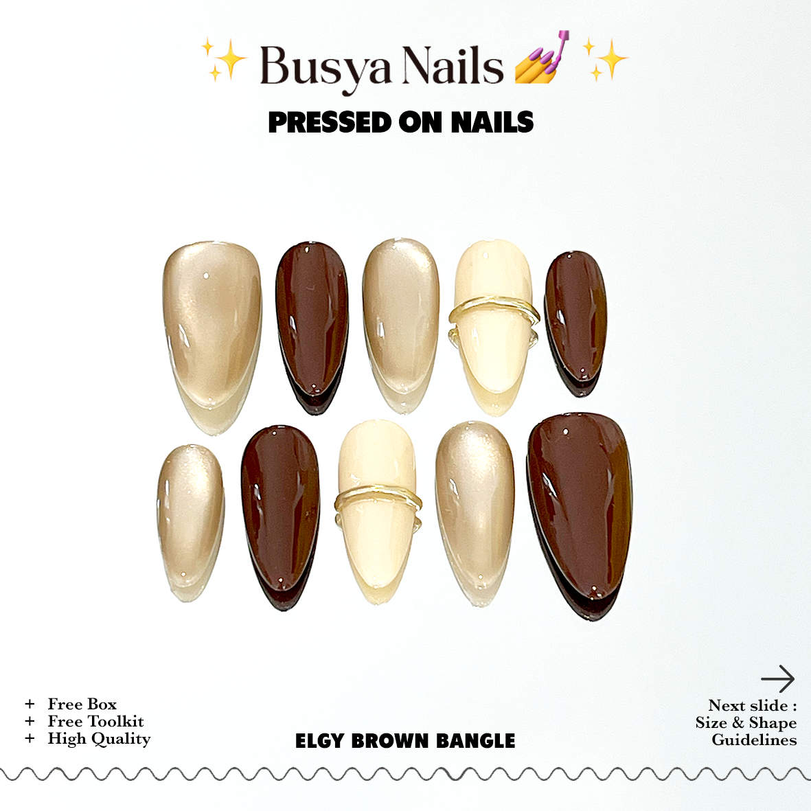 Busya Nails - Elgy Brown Bangle Cat Eye Glass Water Pressed On Nails Kuku Palsu Free Tools
