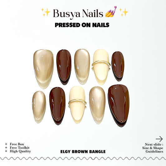 Busya Nails - Elgy Brown Bangle Cat Eye Glass Water Pressed On Nails Kuku Palsu Free Tools